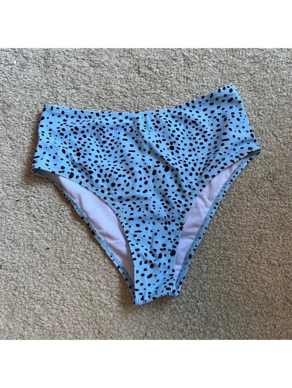 High-Waisted Blue and Black Polka Dot Bikini Bottoms, Size Medium